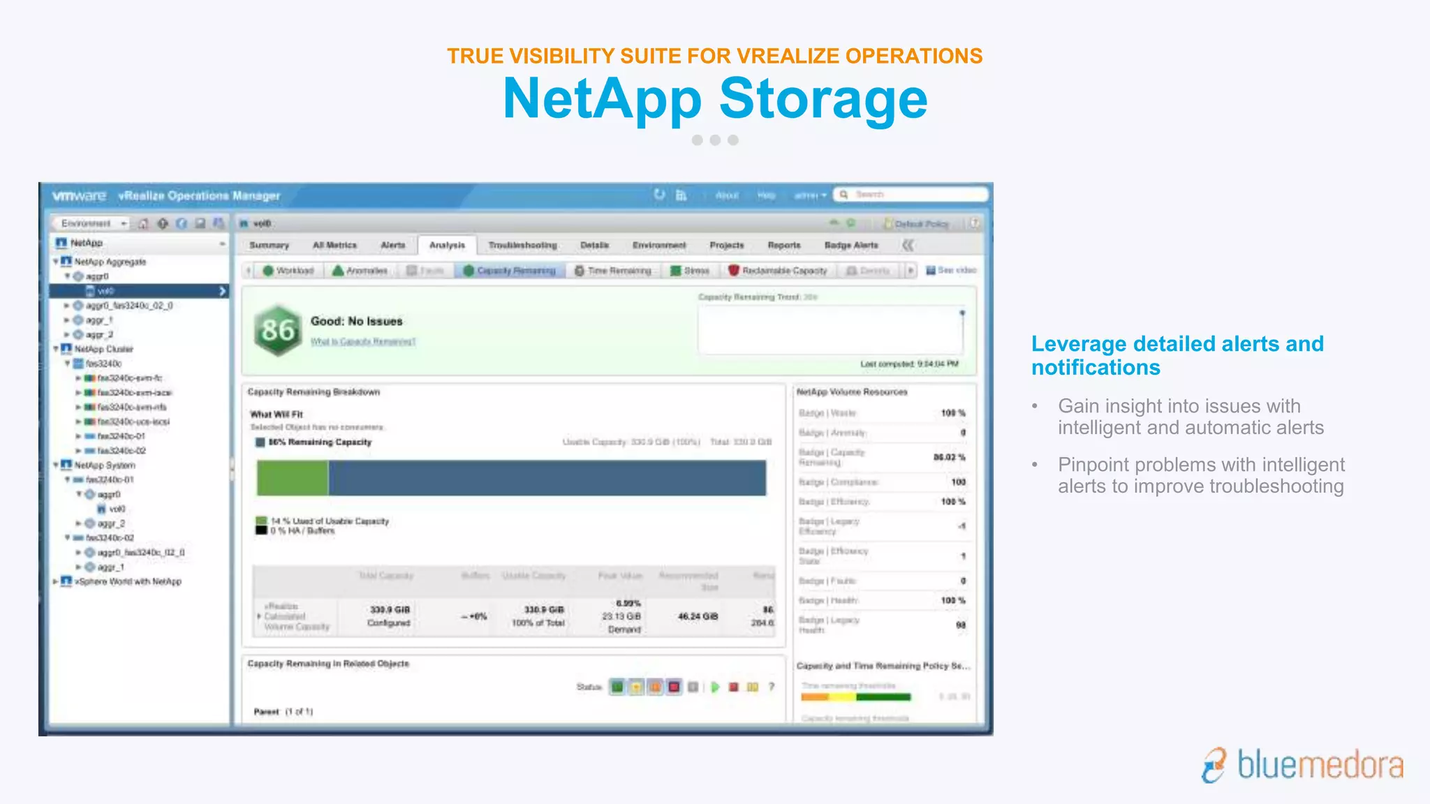 NetApp Storage
TRUE VISIBILITY SUITE FOR VREALIZE OPERATIONS
Leverage detailed alerts and
notifications
• Gain insight into issues with
intelligent and automatic alerts
• Pinpoint problems with intelligent
alerts to improve troubleshooting
 