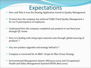 Expectations How and Why it won the Deming Application Award in Quality Management To learn how the company has achieved TQM (Total Quality Management ) for 100 % participation of employees  Understand how the company completed 1300 projects in one fiscal year  through QC teams How is it dealing with rising input material costs through ‘global sourcing of products’ ? Any new product upgrades and strategy behind it ? Company is renowned for its R&D : Scope for Blue Ocean Strategy  Environmental Management System (ISO14001:2004) and Occupational Health and Safety Management System(OHSAS 18001:2007) 