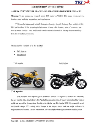 INTRODUTION OF THE TOPIC
A STUDY ON TVS MOTOR APACHE AND STRATEGIES TO INCRESE ITS SALES

Meaning: To do survey and resear...