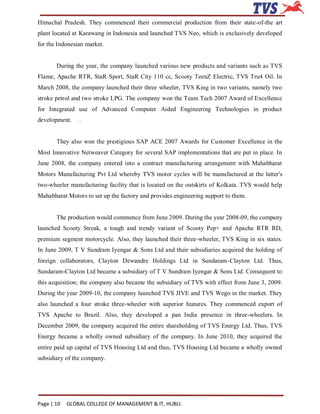 Himachal Pradesh. They commenced their commercial production from their state-of-the art
plant located at Karawang in Indonesia and launched TVS Neo, which is exclusively developed
for the Indonesian market.


       During the year, the company launched various new products and variants such as TVS
Flame, Apache RTR, StaR Sport, StaR City 110 cc, Scooty TeenZ Electric, TVS Tru4 Oil. In
March 2008, the company launched their three wheeler, TVS King in two variants, namely two
stroke petrol and two stroke LPG. The company won the Team Tech 2007 Award of Excellence
for Integrated use of Advanced Computer Aided Engineering Technologies in product
development.    .


       They also won the prestigious SAP ACE 2007 Awards for Customer Excellence in the
Most Innovative Netweaver Category for several SAP implementations that are put in place. In
June 2008, the company entered into a contract manufacturing arrangement with Mahabharat
Motors Manufacturing Pvt Ltd whereby TVS motor cycles will be manufactured at the latter's
two-wheeler manufacturing facility that is located on the outskirts of Kolkata. TVS would help
Mahabharat Motors to set up the factory and provides engineering support to them.


       The production would commence from June 2009. During the year 2008-09, the company
launched Scooty Streak, a tough and trendy variant of Scooty Pep+ and Apache RTR RD,
premium segment motorcycle. Also, they launched their three-wheeler, TVS King in six states.
In June 2009, T V Sundram Iyengar & Sons Ltd and their subsidiaries acquired the holding of
foreign collaborators, Clayton Dewandre Holdings Ltd in Sundaram-Clayton Ltd. Thus,
Sundaram-Clayton Ltd became a subsidiary of T V Sundram Iyengar & Sons Ltd. Consequent to
this acquisition; the company also became the subsidiary of TVS with effect from June 3, 2009.
During the year 2009-10, the company launched TVS JIVE and TVS Wego in the market. They
also launched a four stroke three-wheeler with superior features. They commenced export of
TVS Apache to Brazil. Also, they developed a pan India presence in three-wheelers. In
December 2009, the company acquired the entire shareholding of TVS Energy Ltd. Thus, TVS
Energy became a wholly owned subsidiary of the company. In June 2010, they acquired the
entire paid up capital of TVS Housing Ltd and thus, TVS Housing Ltd became a wholly owned
subsidiary of the company.




Page | 10   GLOBAL COLLEGE OF MANAGEMENT & IT, HUBLI.
 