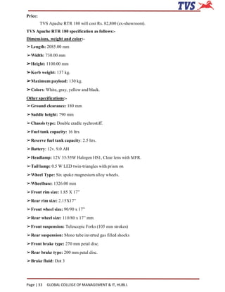 Price:
         TVS Apache RTR 180 will cost Rs. 82,800 (ex-showroom).
TVS Apache RTR 180 specification as follows:-
Dimensions, weight and color:-
➢Length: 2085.00 mm
➢Width: 730.00 mm
➢Height: 1100.00 mm
➢Kerb weight: 137 kg.
➢Maximum payload: 130 kg.
➢Colors: White, gray, yellow and black.
Other specifications:-
➢Ground clearance: 180 mm
➢Saddle height: 790 mm
➢Chassis type: Double cradle sychrostiff.
➢Fuel tank capacity: 16 ltrs
➢Reserve fuel tank capacity: 2.5 ltrs.
➢Battery: 12v. 9.0 AH
➢Headlamp: 12V 35/35W Halogen HS1, Clear lens with MFR.
➢Tail lamp: 0.5 W LED twin-triangles with prism on
➢Wheel Type: Six spoke magnesium alloy wheels.
➢Wheelbase: 1326.00 mm
➢Front rim size: 1.85 X 17”
➢Rear rim size: 2.15X17”
➢Front wheel size: 90/90 x 17”
➢Rear wheel size: 110/80 x 17” mm
➢Front suspension: Telescopic Forks (105 mm strokes)
➢Rear suspension: Mono tube inverted gas filled shocks
➢Front brake type: 270 mm petal disc.
➢Rear brake type: 200 mm petal disc.
➢Brake fluid: Dot 3




Page | 33   GLOBAL COLLEGE OF MANAGEMENT & IT, HUBLI.
 