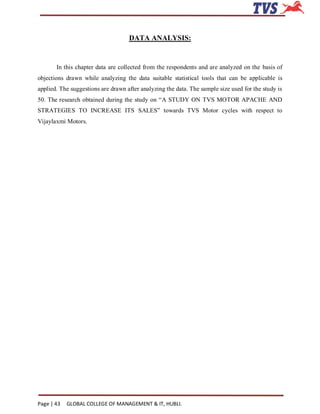 DATA ANALYSIS:


       In this chapter data are collected from the respondents and are analyzed on the basis of
objections drawn while analyzing the data suitable statistical tools that can be applicable is
applied. The suggestions are drawn after analyzing the data. The sample size used for the study is
50. The research obtained during the study on “A STUDY ON TVS MOTOR APACHE AND
STRATEGIES TO INCREASE ITS SALES” towards TVS Motor cycles with respect to
Vijaylaxmi Motors.




Page | 43   GLOBAL COLLEGE OF MANAGEMENT & IT, HUBLI.
 
