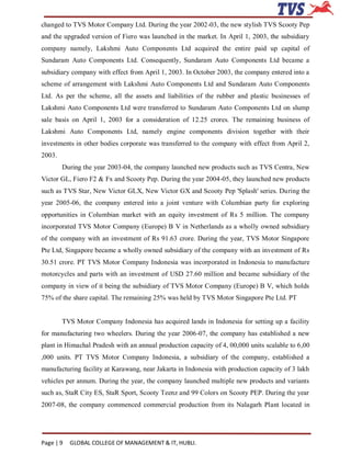 changed to TVS Motor Company Ltd. During the year 2002-03, the new stylish TVS Scooty Pep
and the upgraded version of Fiero was launched in the market. In April 1, 2003, the subsidiary
company namely, Lakshmi Auto Components Ltd acquired the entire paid up capital of
Sundaram Auto Components Ltd. Consequently, Sundaram Auto Components Ltd became a
subsidiary company with effect from April 1, 2003. In October 2003, the company entered into a
scheme of arrangement with Lakshmi Auto Components Ltd and Sundaram Auto Components
Ltd. As per the scheme, all the assets and liabilities of the rubber and plastic businesses of
Lakshmi Auto Components Ltd were transferred to Sundaram Auto Components Ltd on slump
sale basis on April 1, 2003 for a consideration of 12.25 crores. The remaining business of
Lakshmi Auto Components Ltd, namely engine components division together with their
investments in other bodies corporate was transferred to the company with effect from April 2,
2003.
        During the year 2003-04, the company launched new products such as TVS Centra, New
Victor GL, Fiero F2 & Fx and Scooty Pep. During the year 2004-05, they launched new products
such as TVS Star, New Victor GLX, New Victor GX and Scooty Pep 'Splash' series. During the
year 2005-06, the company entered into a joint venture with Columbian party for exploring
opportunities in Columbian market with an equity investment of Rs 5 million. The company
incorporated TVS Motor Company (Europe) B V in Netherlands as a wholly owned subsidiary
of the company with an investment of Rs 91.63 crore. During the year, TVS Motor Singapore
Pte Ltd, Singapore became a wholly owned subsidiary of the company with an investment of Rs
30.51 crore. PT TVS Motor Company Indonesia was incorporated in Indonesia to manufacture
motorcycles and parts with an investment of USD 27.60 million and became subsidiary of the
company in view of it being the subsidiary of TVS Motor Company (Europe) B V, which holds
75% of the share capital. The remaining 25% was held by TVS Motor Singapore Pte Ltd. PT


        TVS Motor Company Indonesia has acquired lands in Indonesia for setting up a facility
for manufacturing two wheelers. During the year 2006-07, the company has established a new
plant in Himachal Pradesh with an annual production capacity of 4, 00,000 units scalable to 6,00
,000 units. PT TVS Motor Company Indonesia, a subsidiary of the company, established a
manufacturing facility at Karawang, near Jakarta in Indonesia with production capacity of 3 lakh
vehicles per annum. During the year, the company launched multiple new products and variants
such as, StaR City ES, StaR Sport, Scooty Teenz and 99 Colors on Scooty PEP. During the year
2007-08, the company commenced commercial production from its Nalagarh Plant located in




Page | 9   GLOBAL COLLEGE OF MANAGEMENT & IT, HUBLI.
 