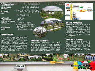 On site features:
Different contour levels
which were effectively
utilized during the
planning stages.existing
forest areas and trees
were not destroyed, but
instead used for
landscaping
OFF SITE FEATURES:
The site of the school is
surrounded by the
national highway on one
side,forest area on the
other,vegetable market
and service road on one
side.
SANITARY FACILITIES:
Washroom facilities of this
school differed from others
with separate toilets for staffs,
students and helpers. Sanitizers
and incinerators were also
provided for hygienic purposes.
Place: bathalapalli,
Nh7,hosur.
Landmark: next to vegetable
market
Phase 2 ,sipcot, Hosur.
Climate: squama (aug 82 ®f &
aug
rainfall 84km)
Latitude : 10® 43”
Longitude: 75® 41”
Distance from
terminal: Airport - 65km
Hosur busstand-6km
Hosur railways-9km
Approach: oblique
Axis: non-symmetrical
STAFF ROOMS
The staff rooms are
rectangular in plan with
One cubical per teacher.
Computer facility was
also given to the teachers
for effective teaching
methods .These staff room
were also provided with
attached restrooms.
location
2
TVS ACADEMY
 