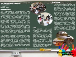 THE SCHOOL COMPRISES OF :
•Kindergarten
•Primary
•High school
AUDITORIUM:
The auditorium is one of the
highlighting feature of this
school. The plan is
rectangular in shape and
built like an amphitheatre
with depressed area for the
stage.it is a multi-purpose
hall with the backside used
as a as a pantry section
and also as a green room
during the shows Measures
were also taken to reduce
the heat by the use of tar
and acoustical wool.
Earthen pots was used as a
method of sound
absorbtion. Bamboo mats
were provided instead of
screens. For the flooring
they preferred to use
yellow and red Ferro oxide.
LABS
This school had four
different labs for physics
, chemistry, biology and
computer labs
respectively. These labs
were all situated along
the same line. The required
ventilation for these labs
were provided with
presence of large
windows on one side and a
large courtyard on the
other. Each lab has tables
and stools according to
the basic standards.
CLASSROOMS:
The kindergarten classrooms are
isolated and free from the beast of
burden. The classrooms are known as
“pigeon houses” and they were designed
in such a way that oidal shape it doesn’t
allow any restrictions to the
kids.specialised areas known as activity
zones are provided to make them
understand the art of alma matter.
There were two doorways to the
classrooms which acts as entry and
exit for the classrooms.chairs weren’t
provided and kids were made to sit on
the floor as it allowed them to interact
without any restrictions. Skylights were
also used in classrooms. the windows
were placed such that the sunlight was
angled towards the blackboard.
The primary classes classrooms are
trapezoidal in shape so that it provides
focus on the board and wider view of
vision mezzanine floor were provide
where lockers for the students were
kept. these mezannine floors also
proved to be activity zones for the
tables weren’t of the usual rectangular
shape but rather it was the same shape
of the classroom .
TVS ACADEMY
3
 