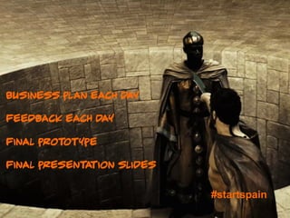 Business plan each day

Feedback each day

Final prototype

Final present tion slides
             a


                            #startspain
 