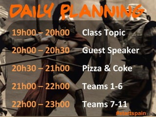 dail planning
    y
19h00	
  –	
  20h00      	
  Class	
  Topic	
  
20h00	
  –	
  20h30	
   	
  Guest	
  Speaker	
  
20h30	
  –	
  21h00      	
  Pizza	
  &	
  Coke	
  
21h00	
  –	
  22h00      	
  Teams	
  1-­‐6	
  
22h00	
  –	
  23h00      	
  Teams	
  7-­‐11	
  
                                          #startspain
 