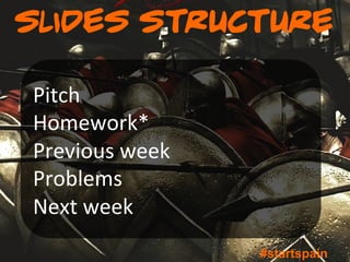 slides structure

Pitch	
  
Homework*	
  
Previous	
  week	
  
Problems	
  
Next	
  week	
  
                       #startspain
 
