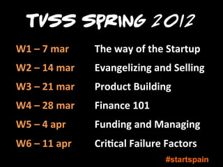 TVSS Spring 2012
W1	
  –	
  7	
  mar    	
  The	
  way	
  of	
  the	
  Startup	
  
W2	
  –	
  14	
  mar   	
  Evangelizing	
  and	
  Selling	
  
W3	
  –	
  21	
  mar   	
  Product	
  Building	
  
W4	
  –	
  28	
  mar   	
  Finance	
  101	
  
W5	
  –	
  4	
  apr    	
  Funding	
  and	
  Managing	
  
W6	
  –	
  11	
  apr   	
  CriOcal	
  Failure	
  Factors	
  
                                                  #startspain
 