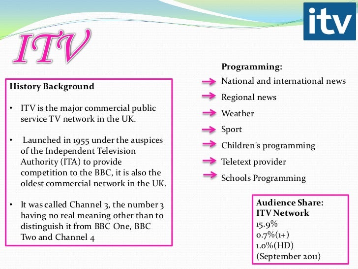bbc 1 and 2, independent television itv, channel 4 and channel 5 essay British broadcasting corporation (bbc) 1977 dismantling a dream independent television (itv) 1981 silent minority itv 1982 walter, channel 4 (ch4. bbc 1 and 2, independent television itv, channel 4 and channel 5 essay British broadcasting corporation (bbc) 1977 dismantling a dream independent television (itv) 1981 silent minority itv 1982 walter, channel 4 (ch4.