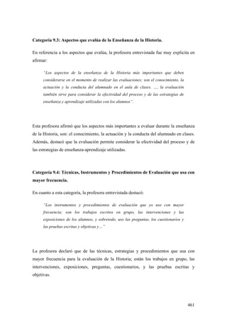 461
Categoría 9.3: Aspectos que evalúa de la Enseñanza de la Historia.
En referencia a los aspectos que evalúa, la profesora entrevistada fue muy explicita en
afirmar:
“Los aspectos de la enseñanza de la Historia más importantes que deben
considerarse en el momento de realizar las evaluaciones; son el conocimiento, la
actuación y la conducta del alumnado en el aula de clases. …, la evaluación
también sirve para considerar la efectividad del proceso y de las estrategias de
enseñanza y aprendizaje utilizadas con los alumnos”.
Esta profesora afirmó que los aspectos más importantes a evaluar durante la enseñanza
de la Historia, son: el conocimiento, la actuación y la conducta del alumnado en clases.
Además, destacó que la evaluación permite considerar la efectividad del proceso y de
las estrategias de enseñanza-aprendizaje utilizadas.
Categoría 9.4: Técnicas, Instrumentos y Procedimientos de Evaluación que usa con
mayor frecuencia.
En cuanto a esta categoría, la profesora entrevistada destacó:
“Los instrumentos y procedimientos de evaluación que yo uso con mayor
frecuencia; son los trabajos escritos en grupo, las intervenciones y las
exposiciones de los alumnos, y sobretodo, uso las preguntas, los cuestionarios y
las pruebas escritas y objetivas y…”
La profesora declaró que de las técnicas, estrategias y procedimientos que usa con
mayor frecuencia para la evaluación de la Historia; están los trabajos en grupo, las
intervenciones, exposiciones, preguntas, cuestionarios, y las pruebas escritas y
objetivas.
 