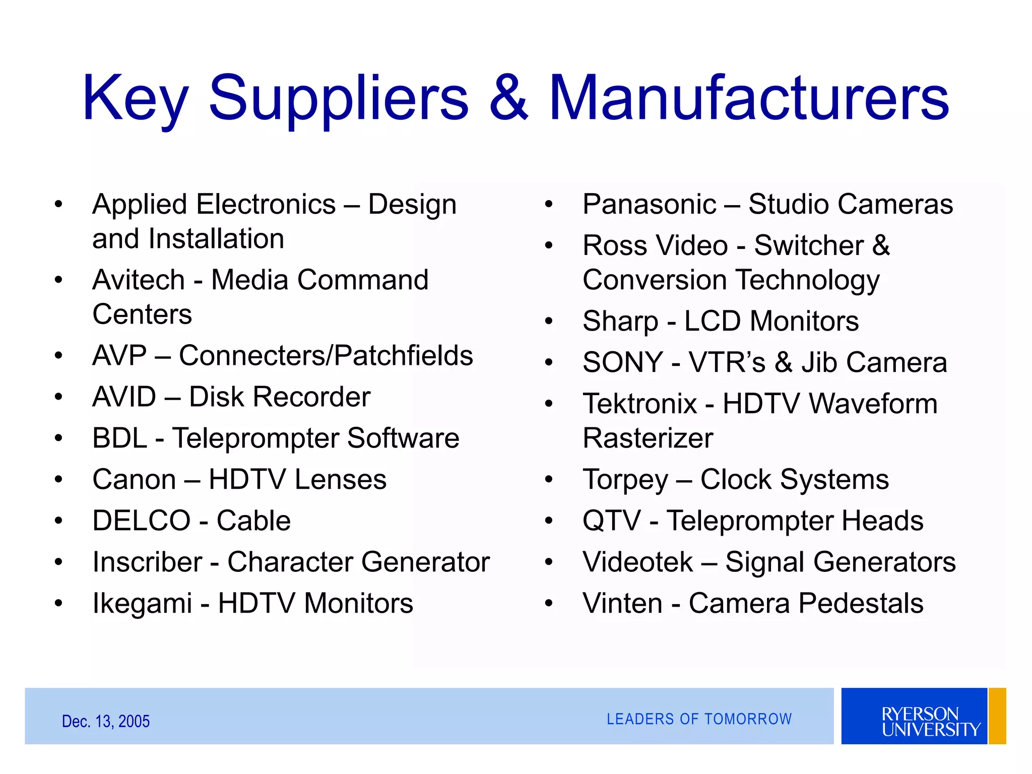 LEADERS OF TOMORROWDec. 13, 2005
Key Suppliers & Manufacturers
• Applied Electronics – Design
and Installation
• Avitech - Media Command
Centers
• AVP – Connecters/Patchfields
• AVID – Disk Recorder
• BDL - Teleprompter Software
• Canon – HDTV Lenses
• DELCO - Cable
• Inscriber - Character Generator
• Ikegami - HDTV Monitors
• Panasonic – Studio Cameras
• Ross Video - Switcher &
Conversion Technology
• Sharp - LCD Monitors
• SONY - VTR’s & Jib Camera
• Tektronix - HDTV Waveform
Rasterizer
• Torpey – Clock Systems
• QTV - Teleprompter Heads
• Videotek – Signal Generators
• Vinten - Camera Pedestals
 