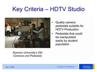 LEADERS OF TOMORROWDec. 13, 2005
Key Criteria – HDTV Studio
• Quality camera
pedestals suitable for
HDTV Production
• Pede...
