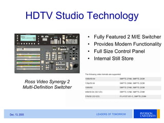 LEADERS OF TOMORROWDec. 13, 2005
HDTV Studio Technology
Ross Video Synergy 2
Multi-Definition Switcher
• Fully Featured 2 ...