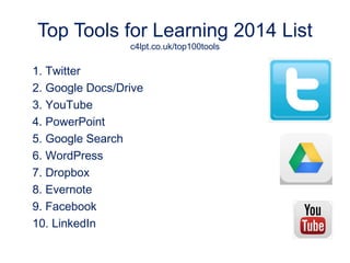 1. Twitter
2. Google Docs/Drive
3. YouTube
4. PowerPoint
5. Google Search
6. WordPress
7. Dropbox
8. Evernote
9. Facebook
10. LinkedIn
Top Tools for Learning 2014 List
c4lpt.co.uk/top100tools
 