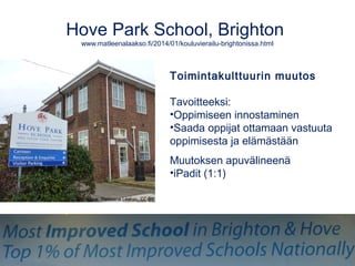 Hove Park School, Brighton
www.matleenalaakso.fi/2014/01/kouluvierailu-brightonissa.html
Toimintakulttuurin muutos
Tavoitteeksi:
•Oppimiseen innostaminen
•Saada oppijat ottamaan vastuuta
oppimisesta ja elämästään
Muutoksen apuvälineenä
•iPadit (1:1)
 