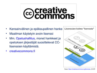 • Kansainvälinen ja epäkaupallinen hanke
• Maailman käytetyin avoin lisenssi
• Mm. Opetushallitus, monet hankkeet ja
opetuksen järjestäjät suosittelevat CC-
lisenssien käyttämistä.
• creativecommons.fi
Kuva: https://creativecommons.org/licenses, CC BY
 