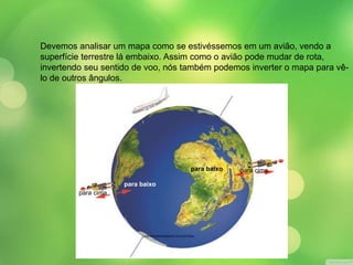 Devemos analisar um mapa como se estivéssemos em um avião, vendo a 
superfície terrestre lá embaixo. Assim como o avião pode mudar de rota, 
invertendo seu sentido de voo, nós também podemos inverter o mapa para vê-lo 
de outros ângulos. 
LUÍS MOURA/ARQUIVO DA EDITORA 
para cima 
para baixo 
para baixo para cima 
 