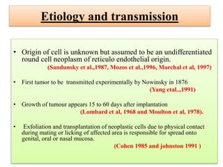 Etiology and transmission
• Origin of cell is unknown but assumed to be an undifferentiated
round cell neoplasm of reticulo endothelial origin.
(Sandunsky et al.,1987, Mozos et al.,1996, Marchal et al, 1997)
• First tumor to be transmitted experimentally by Nowinsky in 1876
(Yang etal..,1991)
• Growth of tumour appears 15 to 60 days after implantation
(Lombard et al, 1968 and Moulton et al, 1978).
• Exfoliation and transplantation of neoplastic cells due to physical contact
during mating or licking of affected area is responsible for spread onto
genital, oral or nasal mucosa.
(Cohen 1985 and johnston 1991 )
 