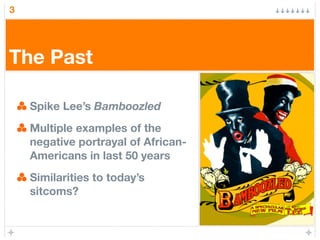 3

The Past
Spike Lee’s Bamboozled
Multiple examples of the
negative portrayal of AfricanAmericans in last 50 years
Simila...
