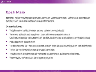 Ope.fi I-taso
Tavoite: Koko työyhteisön perusosaamisen varmistaminen. Lähtötaso perinteisen
työyhteisön toimintakulttuurin uudistamiseksi.

Osaamisalueet:
 Työyhteisön kehittäminen osana toimintaympäristöä
 Toiminta sähköisissä oppimis- ja osallistumisympäristöissä.
   Osallistumisen ja vaikuttamisen taidot, itseilmaisu digitaalisessa ympäristössä
 Pedagoginen osaaminen
 Tiedonhallinta ja –hankintataidot, oman työn ja asiantuntijuuden kehittäminen
 Tieto- ja viestintätekninen perusosaaminen
 Työyhteisön johtaminen ja verkosto-osaaminen. Sähköinen hallinto.
 Yksityisyys, turvallisuus ja tekijänoikeudet


   5.6.2012                    TIEKE Tietoyhteiskunnan kehittämiskeskus ry           14
 
