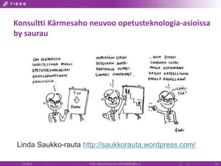 Konsultti Kärmesaho neuvoo opetusteknologia-asioissa
by saurau




Linda Saukko-rauta http://saukkorauta.wordpress.com/

  5.6.2012           TIEKE Tietoyhteiskunnan kehittämiskeskus ry   21
 