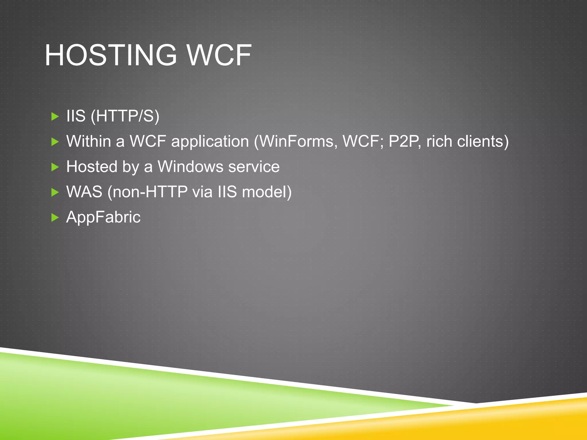 HOSTING WCF
 IIS (HTTP/S)
 Within a WCF application (WinForms, WCF; P2P, rich clients)
 Hosted by a Windows service
 WAS (non-HTTP via IIS model)
 AppFabric
 