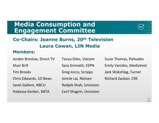 Media Consumption and
Engagement Committee
Members:
Jordan Breslow, Direct TV
Shari Brill
Tim Brooks
Chris Edwards, 10 News
Janet Gallent, NBCU
Hadassa Gerber, SNTA
Co-Chairs: Joanne Burns, 20th Television
Laura Cowan, LIN Media
Tanya Giles, Viacom
Sara Grimaldi, ESPN
Greg Iocco, Scripps
Jennie Lai, Nielsen
Redjeb Shah, Univision
Ceril Shagrin, Univision
Susie Thomas, Palisades
Emily Vanides, MediaVest
Jack Wakshlag, Turner
Richard Zackon, CRE
 