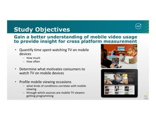 Study Objectives
Gain a better understanding of mobile video usage
to provide insight for cross platform measurement
• Quantify time spent watching TV on mobile
devices
– How much
– How often
• Determine what motivates consumers to
watch TV on mobile devices
• Profile mobile viewing occasions
– what kinds of conditions correlate with mobile
viewing
– through which sources are mobile TV viewers
getting programming
 