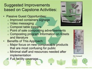 • Passive Guest Opportunities:
o Improved containers signage
o Video messaging
o Compost table toppers
o Point of sale composting advertisements
o Composting program information on tickets
and literature
• Benefits of This Approach:
o Major focus on new compostable products
that are most confusing for public
o Minimal staff and resources needed after
implementation
o Full facility coverage
Suggested Improvements
based on Capstone Activities:
We Compost!
 