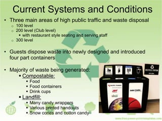 Current Systems and Conditions
• Three main areas of high public traffic and waste disposal
o 100 level
o 200 level (Club level)
 with restaurant style seating and serving staff
o 300 level
• Guests dispose waste into newly designed and introduced
four part containers
• Majority of waste being generated:
 Compostable:
 Food
 Food containers
 Drink cups
 Landfill:
 Many candy wrappers
 Various printed handouts
 Snow cones and cotton candy
 
