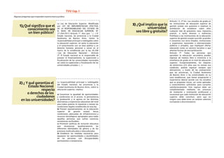 Artículo 13, 2º bis: Los estudios de grado en
las instituciones de educación superior de
gestión estatal son gratuitos e implican la
prohibición de establecer sobre ellos
cualquier tipo de gravamen, tasa, impuesto,
arancel, o tarifa directos o indirectos.
Prohíbase a las instituciones de la educación
superior de gestión estatal suscribir acuerdos
o convenios con otros Estados, instituciones
u organismos nacionales e internacionales
públicos o privados, que impliquen ofertar
educación como un servicio lucrativo o que
alienten formas de mercantilización.
Artículo 7º: Todas las personas que
aprueben la educación secundaria pueden
ingresar de manera libre e irrestricta a la
enseñanza de grado en el nivel de educación
superior. Excepcionalmente, los mayores
de veinticinco (25) años que no reúnan esa
condición, podrán ingresar siempre que
demuestren, a través de las evaluaciones
que las provincias, la Ciudad Autónoma
de Buenos Aires o las universidades en su
caso establezcan, que tienen preparación o
experiencia laboral acorde con los estudios
que se proponen iniciar, así como aptitudes
y conocimientos suficientes para cursarlos
satisfactoriamente. Este ingreso debe ser
complementado mediante los procesos
de nivelación y orientación profesional y
vocacional que cada institución de educación
superior debe constituir, pero que en
ningún caso debe tener un carácter selectivo
excluyente o discriminatorio.
3) ¿Qué implica que la
universidad
sea libre y gratuita?
Algunas preguntas que responden nuestro marco jurídico
La Ley de Educación Superior. Modificada
por LEY DE IMPLEMENTACIóN EFECTIVA
DE LA RESPONSABILIDAD DEL ESTADO EN
EL NIVEL DE EDUCACIóN SUPERIOR, Nº
27.204/2015 Artículo 1º dice que: “ (…) El
Estado nacional, las provincias y la Ciudad
Autónoma de Buenos Aires, tienen la
responsabilidad principal e indelegable sobre
la educación superior, en tanto la educación
y el conocimiento son un bien público y un
derecho humano personal y social en el
marco de lo establecido por la ley 26.206
—Ley de Educación Nacional—. Artículo
2º: El Estado nacional es el responsable de
proveer el financiamiento, la supervisión y
fiscalización de las universidades nacionales,
así como la supervisión y fiscalización de las
universidades privadas. (…)
1)¿Qué significa que el
conocimiento sea
un bien público?
2) ¿ Y qué garantiza el
Estado Nacional
respecto
a derechos de los
ciudadanos
en las universidades?
La responsabilidad principal e indelegable
del Estado nacional, las provincias y la
Ciudad Autónoma de Buenos Aires, sobre la
educación superior, implica:
a) Garantizar la igualdad de oportunidades
y condiciones en el acceso, la permanencia,
la graduación y el egreso en las distintas
alternativas y trayectorias educativas del nivel
para todos quienes lo requieran y reúnan las
condiciones legales establecidas en esta ley;
b) Proveer equitativamente, en la educación
superior de gestión estatal, becas,
condiciones adecuadas de infraestructura y
recursos tecnológicos apropiados para todas
aquellas personas que sufran carencias
económicas verificables;
c) Promover políticas de inclusión educativa
que reconozcan igualitariamente las
diferentes identidades de género y de los
procesos multiculturales e interculturales;
d) Establecer las medidas necesarias para
equiparar las oportunidades y posibilidades
de las personas con discapacidades
permanentes o temporarias.
TVU Cap. I Ingreso2018 pág.15
 