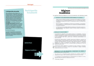 TVU Cap. II Ingreso2018 pág.21
Régimen
Académico
Los siguientes Artículos del Régimen son los que consideramos más importantes conocer:
http://www.unvime.edu.ar/unvime/secciones/reglamentacion
TVU Cap.II Ingreso2018 pág.19
7) INTEGRACIÓN /AFILIACIÓN:
Hay una dimensión capital relativa a una
inserción lograda a la universidad las actividades
extrauniversitarias. La afiliación va más lejos que
la simple integración, ella es el aprendizaje de la
autonomía, a través de la participación activa en
una tarea colectiva. Más allá de la integración, la
afiliación transforma el mundo universitario, en
principio extraño, en un universo familiar que
será luego identificado como “actitud natural”.
Afiliarse es entonces naturalizar, al incorporar
las prácticas y los funcionamientos universitarios
a fin de devenir un miembro competente de la
comunidad.
En la UNViMe existen diferentes tipos de
actividades para realizar: presenciar y realizar
actividades culturales, participar en el Centro de
Estudiantes, visitar la biblioteca, si es necesario
asistir a las tutorías de apoyo, formar parte de
proyectos de investigación o de voluntariado
universitario, hacer deportes, y formar parte de
las ofertas de extensión como actividades de canto,
música, idiomas.
Los Centros de Estudiantes
Los Centros de Estudiantes son asociaciones
dedicadas a la defensa de los derechos de los
estudiantes y a la solución de la problemática de
la universidad. Son dirigidos por agrupaciones
estudiantiles elegidas cada año a través del voto
de los/as estudiantes.
DATOS ÚTILES
*Calendario Académico 2018
*Régimen Académico
Participación
Estudiantil
 