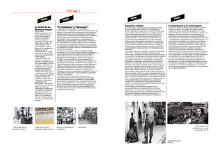 1976
Dictadura militar:
El vínculo obrero-estudiantil fue duramente atacado
por la dictadura cívico- militar. Los trabajadores
vieron reducidos sus derechos: en estos años hubo una
brusca reducción de los salarios y un empeoramiento
de las condiciones de trabajo. Esto ocurrió porque se
adoptó un modelo económico que no apostaba a la
industrialización, sino a la especulación financiera.
El consumo de los trabajadores ya no era necesario
para sostener la economía. En paralelo, los sindicatos
estaban siendo atacados con detención y desaparición
de sus militantes, prohibición del derecho a huelga y
suspensión de las negociaciones colectivas, lo que hizo
que una defensa organizada de los trabajadores fuera
imposible.
En relación a las Universidades, el período comprendido
entre 1976 - 1983 fue el momento donde mayores
restricciones se impusieron a la autonomía universitaria
y se practicó sistemáticamente el ejercicio de la violencia
- de la mano de las fuerzas armadas del Estado - sobre
autoridades, profesores, investigadores, estudiantes,
graduados y empleados, muchos de los cuales fueron
objeto de exoneraciones, exilio o se cuentan entre las
personas asesinadas o “desaparecidas”, primero por el
accionar de organizaciones armadas como la Triple A
desde 1974 y desde 1976, por el Terrorismo de Estado
de la última dictadura militar. Entre ellos contamos
con una figura muy importante para nuestra provincia,
Mauricio López, rector de la Universidad Nacional de San
Luis, secuestrado y desaparecido en el año 1977 cuando
ejercía su cargo, siendo el único rector desaparecido del
país. Por otro lado, muchas carreras fueron cerradas,
y otras fuertemente censuradas en sus contenidos
académicos, avasallando el derecho de libertad de
cátedra. Se impusieron aranceles para los ingresos, que
comenzaron a ser restrictos.
Por otro lado, el movimiento estudiantil sufrió
persecución política: se disolvieron los centros de
estudiantes, se solicitó a los ingresantes un informe
policial de buena conducta, se infiltraron integrantes de
las fuerzas armadas y policiales en las aulas, se
detuvieron y desaparecieron a muchos estudiantes.
1983
La democracia y la universidad:
A partir de 1982, el movimiento estudiantil comenzó
a hacerse visible y a reclamar con más fuerza la
reapertura de los centros de estudiantes. El vínculo
entre movimiento estudiantil y movimiento obrero, sin
embargo, no logró recuperarse con la vuelta de la
democracia, quizás porque muchas de las políticas
económicas de la dictadura –que atacaban a la industria
y a los derechos conquistados por los trabajadores– se
sostuvieron en el tiempo. Con respecto a las políticas
educativas, al contrario de la política restrictiva de
la dictadura, el gobierno de Alfonsín (1983-1989) dio
prioridad al ingreso abierto a la universidad. Muchas
universidades volvieron a establecer el ingreso
irrestricto, aunque posteriormente comenzaron a
implementarse los cursos de ingreso. El ingreso abierto
a la universidad se tradujo en un sustancial aumento
de los ingresantes: en 1983 había 416.000 estudiantes
universitarios, en 1984 llegaron casi a 500.000 y
en 1986 ya superaron los 700.000. Esto generó una
presencia renovada del movimiento estudiantil en la
arena política. El rasgo sin duda sobresaliente es que el
movimiento estudiantil acompañó las expectativas del
conjunto de la sociedad en el gobierno, con altísimos
niveles de participación y movilización y con la elección
de su conducción política
Dictadura Cívico-
Militar.
1983 Gobierno de
Raúl Alfonsin, vuelta
de la democracia.
TVU Cap. I Ingreso2018 pág.7
1966
La noche de los
Bastones Largos:
Esta unidad
obrero-estudiantil en la
Universidad de Buenos
Aires, fue atacada en
forma creciente por
distintos gobiernos
autoritarios. En la noche
29 de julio de 1966, la
policía ingresó a las
universidades y sacó a
golpes a los estudiantes y
profesores que se
encontraban allí. Es que,
luego de un decreto que
intervino fuertemente las
universidades,
estudiantes junto con
profesores y algunos
decanos decidieron tomar
las universidades. De esta
manera, el movimiento
estudiantil hizo punta en
la resistencia contra la
dictadura de Onganía
(1966-1970). Este suceso
se conoció como la “Noche
de los Bastones Largos” e
inauguró la fuga de
cerebros: muchos de los
profesores y científicos
que habían sido
despedidos y reprimidos
tuvieron que irse del país.
Mientras tanto, los
trabajadores padecieron
las políticas económicas
del golpe de Estado. El
movimiento obrero era
fuerte y atravesaba un
proceso de discusión en
cuanto a su organización
interna.
1969
“El Cordobazo” y “Rosariazo”:
Al igual que los estudiantes, los trabajadores
prontamente se organizaron para resistir las políticas del
gobierno. El primer hecho que desata las movilizaciones
en todo el país es la marcha y toma de la Universidad
Nacional del Nordeste que llevan adelante los estudiantes
en Resistencia-Corrientes por el aumento del precio
del comedor. Dicho movimiento es acompañado por
trabajadores, profesionales, comerciantes y empresas.
En la movilización, la policía reprime y muere en manos
de dicha fuerza el estudiante Cabral; este hecho desata
las siguientes movilizaciones en distintos puntos del país,
en especial en Córdoba y Rosario, solidarizándose con la
muerte del estudiante.
En este marco, los obreros de la ciudad de Córdoba
nucleados en Luz y Fuerza (sindicato de los trabajadores
de las empresas de electricidad) y SMATA (Sindicato
de Mecánicos y Afines del Transporte Automotor)
organizaron una huelga con movilización en el mes
de mayo. A estas acciones se sumó el movimiento
estudiantil e inició así un camino de acción conjunta. La
dictadura intentó frenar el avance de las columnas y la
represión provocó la muerte del joven obrero Máximo
Mena. La noticia corrió como reguero de pólvora y la
ciudad fue ocupada por los obreros y estudiantes que
derrotaron a la policía y ocuparon 150 manzanas
alrededor del centro comenzando a coordinarse entre sí
para frenar la represión. A este estallido lo conocemos
como el “Cordobazo”.
en septiembre de 1969 se da lo que se conoce
como “Rosariazo”, donde se lleva adelante una gran
movilización de obreros, estudiantes, profesionales,
desocupados y organizaciones, marcado también por
paros y toma de fábricas y universidades. Las grandes
masas de población salen a la calle en repudio a las
acciones de represión policial, el avasallamiento de
derechos laborales anteriormente conquistados y a la
autonomía universitaria.
1966 Noche de los
Bastones Largos.
1966 Noche de los
Bastones Largos, diarios.
Obreros y Estudiantes,
Cordobazo.
Rozariazo.
 