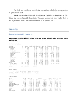 The should also consider the people having more children and who has cable connection
to optimize their profit.
But the regression model suggested to approach the less income persons as well as less
leisure time people which might be a mistake. We should run more tests to see whether this is a
fact or just a small mistake due to the characteristic of the collected data.
Appendix:
Regressionafter outlier removal-1:
Regression Analysis: HOURS versus GENDER, ASIAN, CAUCASIAN, AFRICAN AMER,
EMPLOYED, ...
Analysis of Variance
Source DF SeqSS ContributionAdj SS Adj MS F-Value P-Value
Regression 12 258.689 70.75% 258.689 21.557 34.87 0.000
GENDER 1 3.991 1.09% 0.413 0.413 0.67 0.415
ASIAN 1 0.731 0.20% 0.121 0.121 0.20 0.659
CAUCASIAN 1 11.922 3.26% 0.055 0.055 0.09 0.766
AFRICAN AMERICAN 1 1.642 0.45% 0.158 0.158 0.25 0.614
EMPLOYED 1 199.412 54.54% 190.482 190.482 308.07 0.000
SPOUSE 1 0.462 0.13% 2.276 2.276 3.68 0.057
CABLE 1 18.445 5.04% 17.970 17.970 29.06 0.000
AGE 1 1.704 0.47% 1.843 1.843 2.98 0.086
EDUCATION 1 5.017 1.37% 1.086 1.086 1.76 0.187
CHILDREN 1 4.703 1.29% 6.084 6.084 9.84 0.002
INCOME 1 8.544 2.34% 6.837 6.837 11.06 0.001
LEISURE 1 2.116 0.58% 2.116 2.116 3.42 0.066
Error 173 106.967 29.25% 106.967 0.618
Lack-of-Fit 172 106.467 29.12% 106.467 0.619 1.24 0.630
Pure Error 1 0.500 0.14% 0.500 0.500
Total 185 365.656 100.00%
Model Summary
S R-sq R-sq(adj) PRESS R-sq(pred)
0.786324 70.75% 68.72% 126.045 65.53%
Coefficients
Term Coef SE Coef 95% CI T-Value P-Value VIF
Constant 5.327 0.341 ( 4.654, 6.000) 15.62 0.000
GENDER 0.097 0.119 ( -0.138, 0.332) 0.82 0.415 1.05
ASIAN 0.086 0.195 ( -0.298, 0.470) 0.44 0.659 1.78
CAUCASIAN 0.054 0.182 ( -0.305, 0.414) 0.30 0.766 2.06
AFRICAN AMERICAN 0.089 0.177 ( -0.260, 0.438) 0.50 0.614 2.12
EMPLOYED -3.139 0.179 ( -3.492, -2.786) -17.55 0.000 1.12
SPOUSE -0.290 0.151 ( -0.588, 0.008) -1.92 0.057 1.72
CABLE 0.652 0.121 ( 0.413, 0.890) 5.39 0.000 1.07
AGE 0.01050 0.00608 ( -0.00150, 0.02251) 1.73 0.086 1.11
EDUCATION -0.1156 0.0872 ( -0.2878, 0.0565) -1.33 0.187 1.26
 