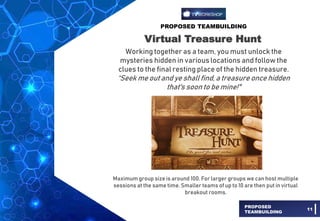 PROPOSED TEAMBUILDING
PROPOSED
TEAMBUILDING
11
Virtual Treasure Hunt
Working together as a team, you must unlock the
mysteries hidden in variouslocations and follow the
clues to the final resting place of the hidden treasure.
“Seek me out and ye shall find, a treasure once hidden
that's soon to be mine!"
Maximum group size is around 100. For larger groups we can host multiple
sessions at the same time. Smaller teams of up to 10 are then put in virtual
breakout rooms.
 
