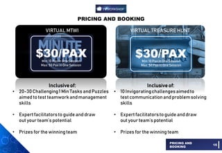 PRICING AND BOOKING
PRICING AND
BOOKING
15
VIRTUAL MTWI VIRTUAL TREASURE HUNT
$30/PAX $30/PAX
Inclusiveof:
• 20-30 Challenging1 Min Tasks and Puzzles
aimedto test teamworkand management
skills
• Expert facilitatorsto guide and draw
out your team’spotential
• Prizes for the winningteam
Inclusiveof:
• 10 Invigoratingchallengesaimedto
test communicationand problemsolving
skills
• Expert facilitatorsto guide and draw
out your team’spotential
• Prizes for the winningteam
Min: 10 Pax in One Session
Max: 50 Pax in One Session
Min: 10 Pax in One Session
Max: 50 Pax in One Session
 