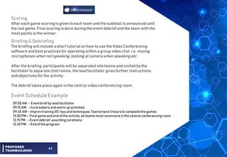 17
Scoring
After each game scoring is given to each team and the subtotal is announced until
the last game. Final scoring is done during the event debrief and the team with the
most points is the winner.
Briefing & Debriefing
The briefing will include a short tutorial on how to use the Video Conferencing
software and best practices for operating within a group video chat. i.e. muting
microphones when not speaking, lookingat camera when speaking etc.
After the briefing, participants will be separated into teams and invited by the
facilitator to separate chat rooms, the lead facilitator gives further instructions
and objectives for the activity.
The debrief takes place again in the central video conferencing room.
09.00 AM – Eventbrief by lead facilitator
09.15 AM – Ice breakers and warm up activities
09.45 AM – Improv training 101,tips and techniques.Teams have 3 hours to complete the games
12.00 PM – Finalgameand end of the activity,all teams must reconvenein the central conferencing room
12.15 PM – Event debrief,awarding ceremony
12.45 PM – End of the program
Event Schedule Example
PROPOSED
TEAMBUILDING
 