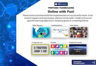 PROPOSED TEAMBUILDING
PROPOSED
TEAMBUILDING
18
Online with Fun!
These onlineactivities build the fundamentals of a successful team: trust,
mutual respect and awareness. Games can be tailor-made to focus on
specific learning objectives, company goals or a meeting theme.
 