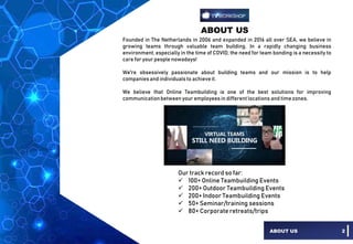 Founded in The Netherlands in 2006 and expanded in 2016 all over SEA, we believe in
growing teams through valuable team building. In a rapidly changing business
environment, especially in the time of COVID, the need for team bonding is a necessity to
care for your people nowadays!
We're obsessively passionate about building teams and our mission is to help
companiesand individualsto achieveit.
We believe that Online Teambuilding is one of the best solutions for improving
communicationbetweenyour employeesin differentlocations and timezones.
ABOUT US
ABOUT US 2
Our track record so far:
 100+ Online Teambuilding Events
 200+ Outdoor Teambuilding Events
 200+ Indoor Teambuilding Events
 50+ Seminar/training sessions
 80+ Corporate retreats/trips
 