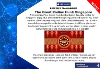 PROPOSED TEAMBUILDING
PROPOSED
TEAMBUILDING
4
The Great Zodiac Hunt: Singapore
A Chinese New Year Online Team Building Game! Specially crafted for
Singapore! Enjoy a fun online ride through Singapore and explore! You are in
the team of the Greatest Vanguards of the Celestial Heavens! The 12 Zodiac
Animals have escaped from the Celestial Heavens to different places and
timelines in Singapore! It is up to you to work as a team in order to catch
every single one of the animals back before it is too late!
Maximum group size is around 200. For larger groups, we can
host multiple sessions at the same time. Smaller teams of up to
10 are then put in virtual breakoutrooms.
 