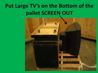 The wheels or feet cause the TV to shift on the pallet and fall through the wooden slits.  
