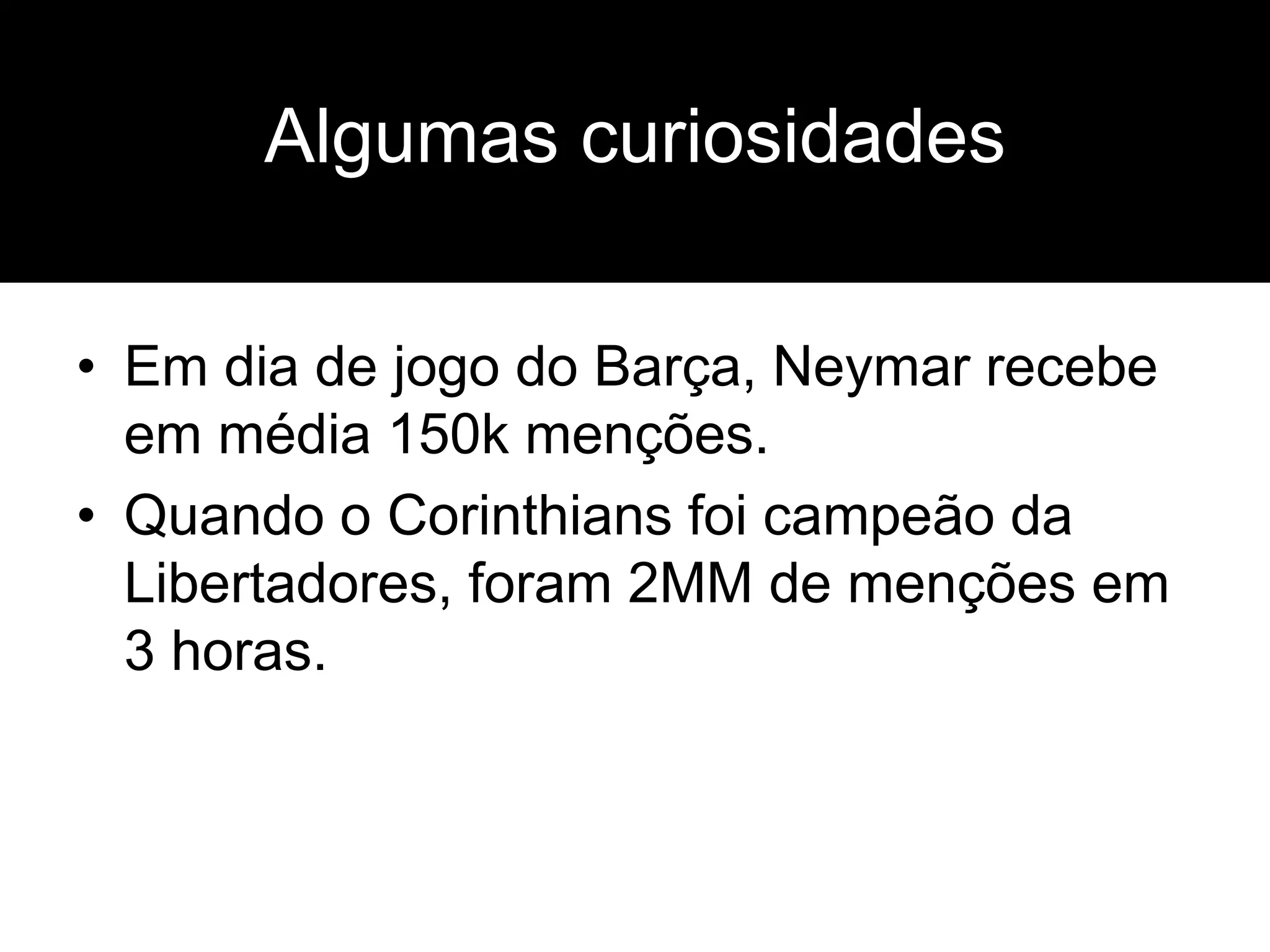 • Em dia de jogo do Barça, Neymar recebe
em média 150k menções.
• Quando o Corinthians foi campeão da
Libertadores, foram 2MM de menções em
3 horas.
Algumas curiosidades
 