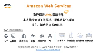 Amazon Web Services
只要有任何想了解的部分，AWS 的聯絡方式如下，讓AWS幫助您！
https://amzn.to/2KUKtz2
AWS 提供的服務包含
IoT 大數據 應用程式 遊戲 機器學習 AI 成本估算 架構諮詢 雲端移轉 架構測試
歡迎探索 AWS 雲端世界
本次旅程依據不同需求，提供客製化服務
現在，讓我們立即啟航吧！
 