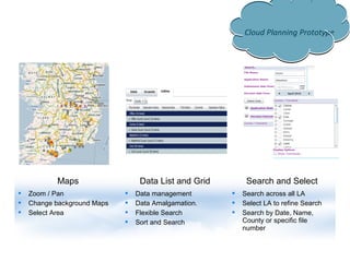 Cloud Planning Prototype




           Maps                   Data List and Grid        Search and Select
   Zoom / Pan                  Data management          Search across all LA
   Change background Maps      Data Amalgamation.       Select LA to refine Search
   Select Area                 Flexible Search          Search by Date, Name,
                                Sort and Search           County or specific file
                                                           number
 