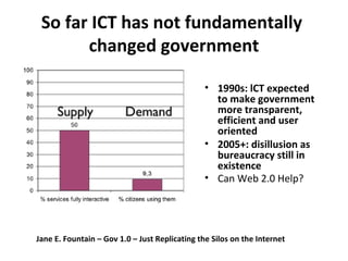 So far ICT has not fundamentally
       changed government

                                                • 1990s: lCT expected
                                                  to make government
                                                  more transparent,
                                                  efficient and user
                                                  oriented
                                                • 2005+: disillusion as
                                                  bureaucracy still in
                                                  existence
                                                • Can Web 2.0 Help?




Jane E. Fountain – Gov 1.0 – Just Replicating the Silos on the Internet
 