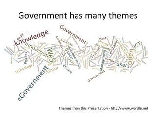 Government has many themes




        Themes from this Presentation - http://www.wordle.net
 