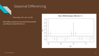 Seasonal Differencing
- First order: y’(t) = y(t) - y(t-12)
Note: When you give your function this parameter,
you will give a seasonal order as 1
37© 2020 ThoughtWorks
 