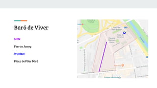 Baró de Viver
MEN:
Ferran Junoy
WOMEN:
Plaça de Pilar Miró
 