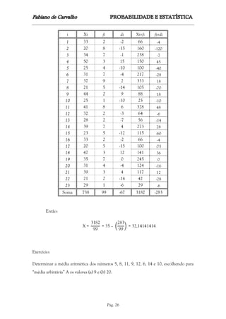 Pág. 26
i Xi fi di Xifi fidi
1 33 2 -2 66 -4
2 20 8 -15 160 -120
3 34 7 -1 238 -7
4 50 3 15 150 45
5 25 4 -10 100 -40
6 31 7 -4 217 -28
7 37 9 2 333 18
8 21 5 -14 105 -70
9 44 2 9 88 18
10 25 1 -10 25 -10
11 41 8 6 328 48
12 32 2 -3 64 -6
13 28 2 -7 56 -14
14 39 7 4 273 28
15 23 5 -12 115 -60
16 33 2 -2 66 -4
17 20 5 -15 100 -75
18 47 3 12 141 36
19 35 7 0 245 0
20 31 4 -4 124 -16
21 39 3 4 117 12
22 21 2 -14 42 -28
23 29 1 -6 29 -6
Soma 738 99 -67 3182 -283
Então:
X =
3182
99
= 35 – (
283
99
) = 32,14141414
Exercício:
Determinar a média aritmética dos números 5, 8, 11, 9, 12, 6, 14 e 10, escolhendo para
“média arbitrária” A os valores (a) 9 e (b) 20.
 